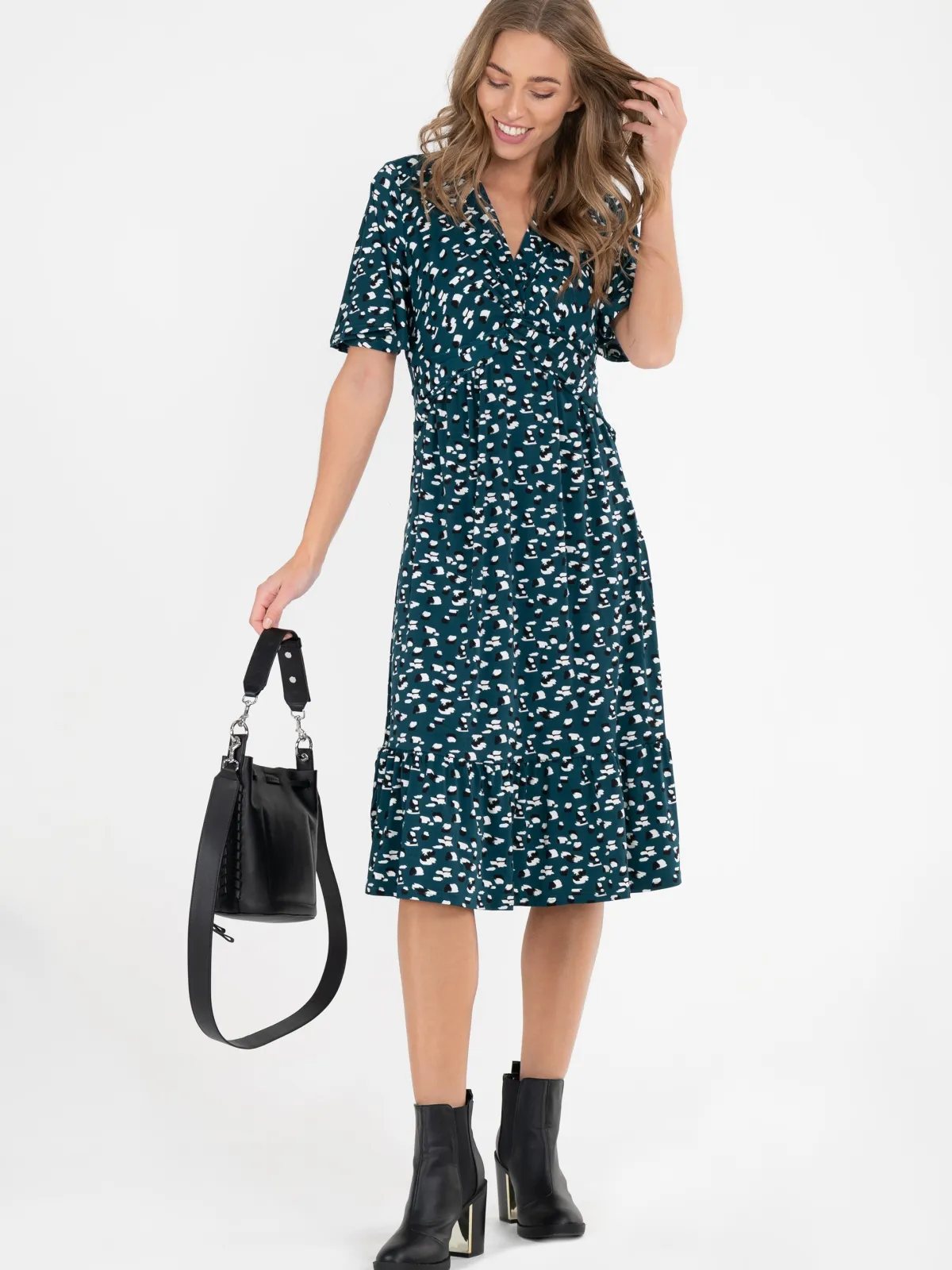 Jolie Moi Occasion Dresses|Office Dresses-Dixie Animal Print Twist Front Midi Dress, Green Animal