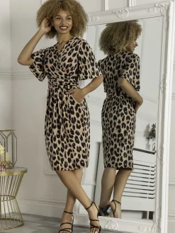 Jolie Moi Occasion Dresses|Weekend Casuals-Elesia Flare Sleeve Shift Dress, Pink Animal