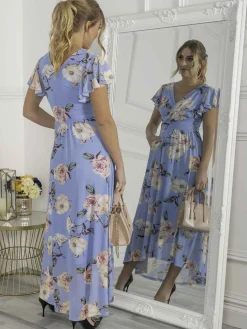 Jolie Moi Occasion Dresses|Floral Dresses-Eliza Dip Hem Mesh Maxi Dress, Blue Floral