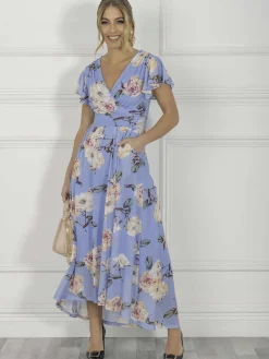 Jolie Moi Occasion Dresses|Floral Dresses-Eliza Dip Hem Mesh Maxi Dress, Blue Floral