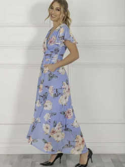 Jolie Moi Occasion Dresses|Floral Dresses-Eliza Dip Hem Mesh Maxi Dress, Blue Floral