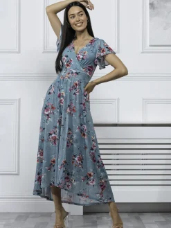 Jolie Moi Occasion Dresses|Mesh Dresses-Eliza Dip Hem Mesh Maxi Dress, Green Floral