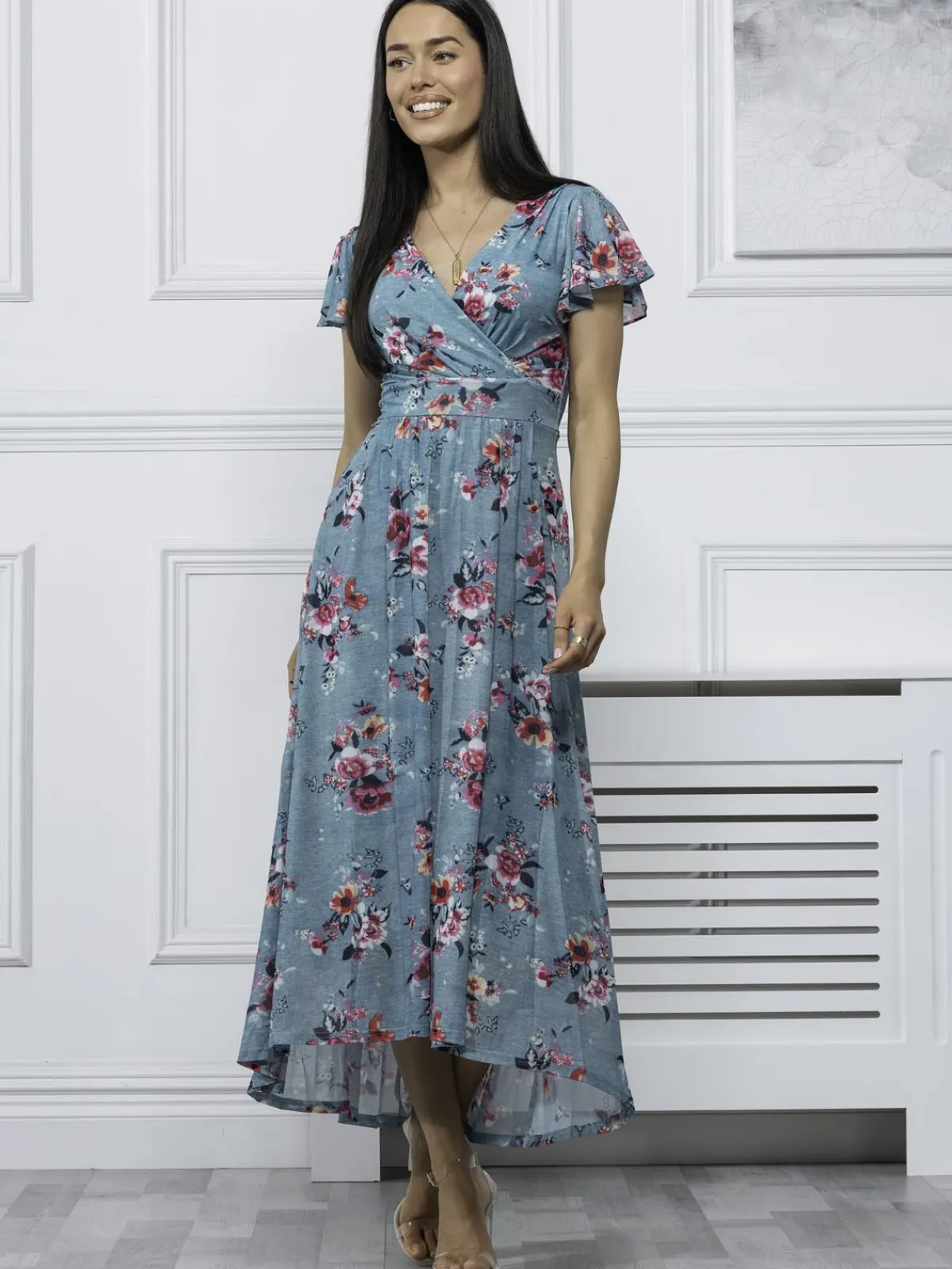 Jolie Moi Occasion Dresses|Mesh Dresses-Eliza Dip Hem Mesh Maxi Dress, Green Floral