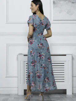 Jolie Moi Occasion Dresses|Mesh Dresses-Eliza Dip Hem Mesh Maxi Dress, Green Floral