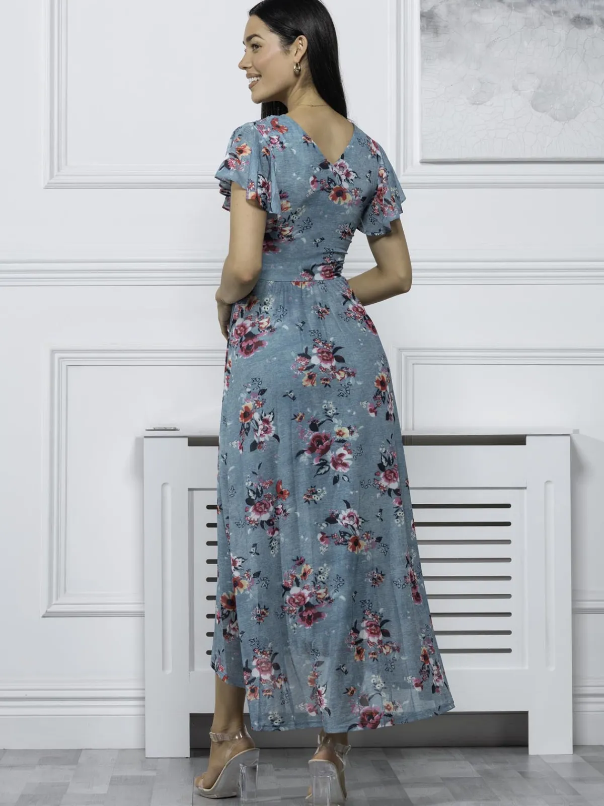Jolie Moi Occasion Dresses|Mesh Dresses-Eliza Dip Hem Mesh Maxi Dress, Green Floral