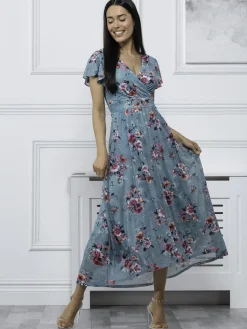 Jolie Moi Occasion Dresses|Mesh Dresses-Eliza Dip Hem Mesh Maxi Dress, Green Floral
