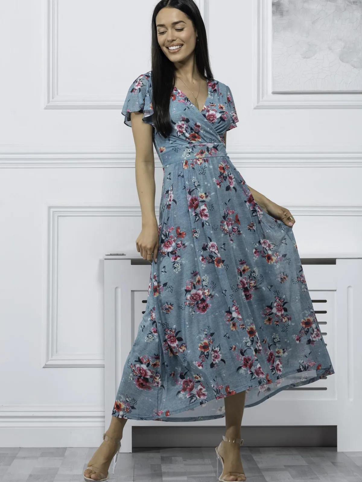 Jolie Moi Occasion Dresses|Mesh Dresses-Eliza Dip Hem Mesh Maxi Dress, Green Floral