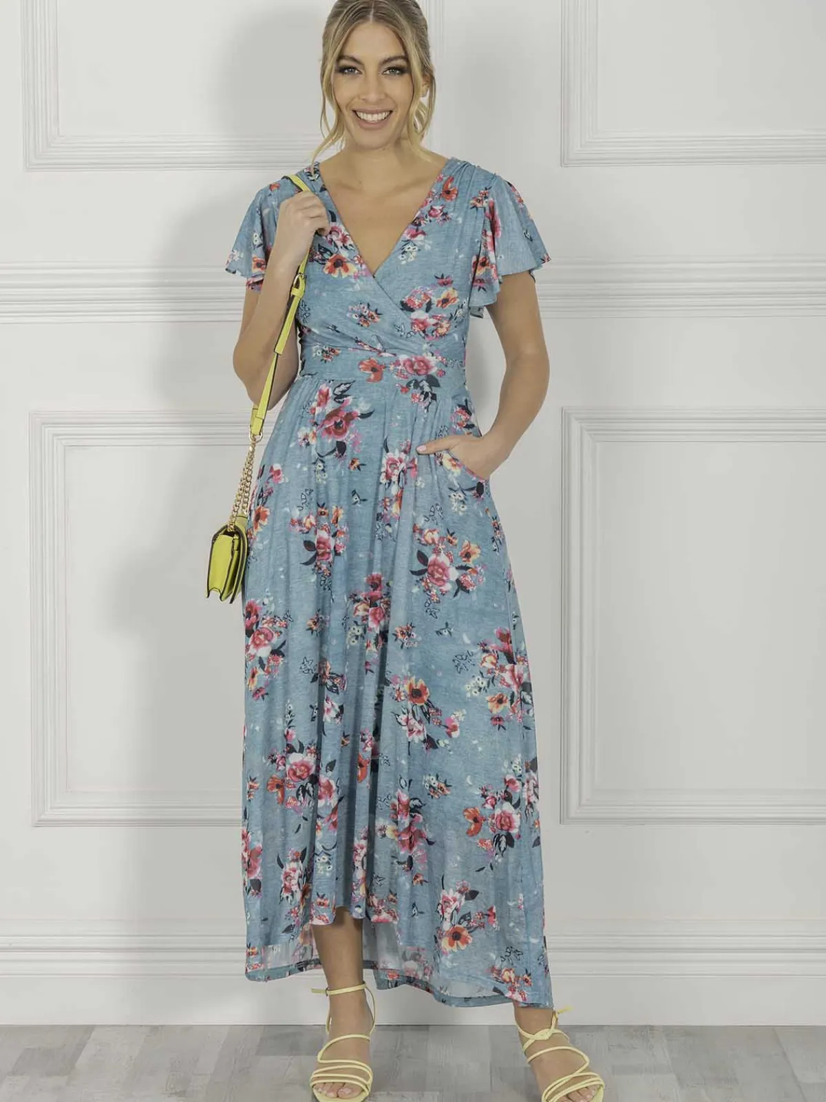 Jolie Moi Occasion Dresses|Mesh Dresses-Eliza Dip Hem Mesh Maxi Dress, Green Floral