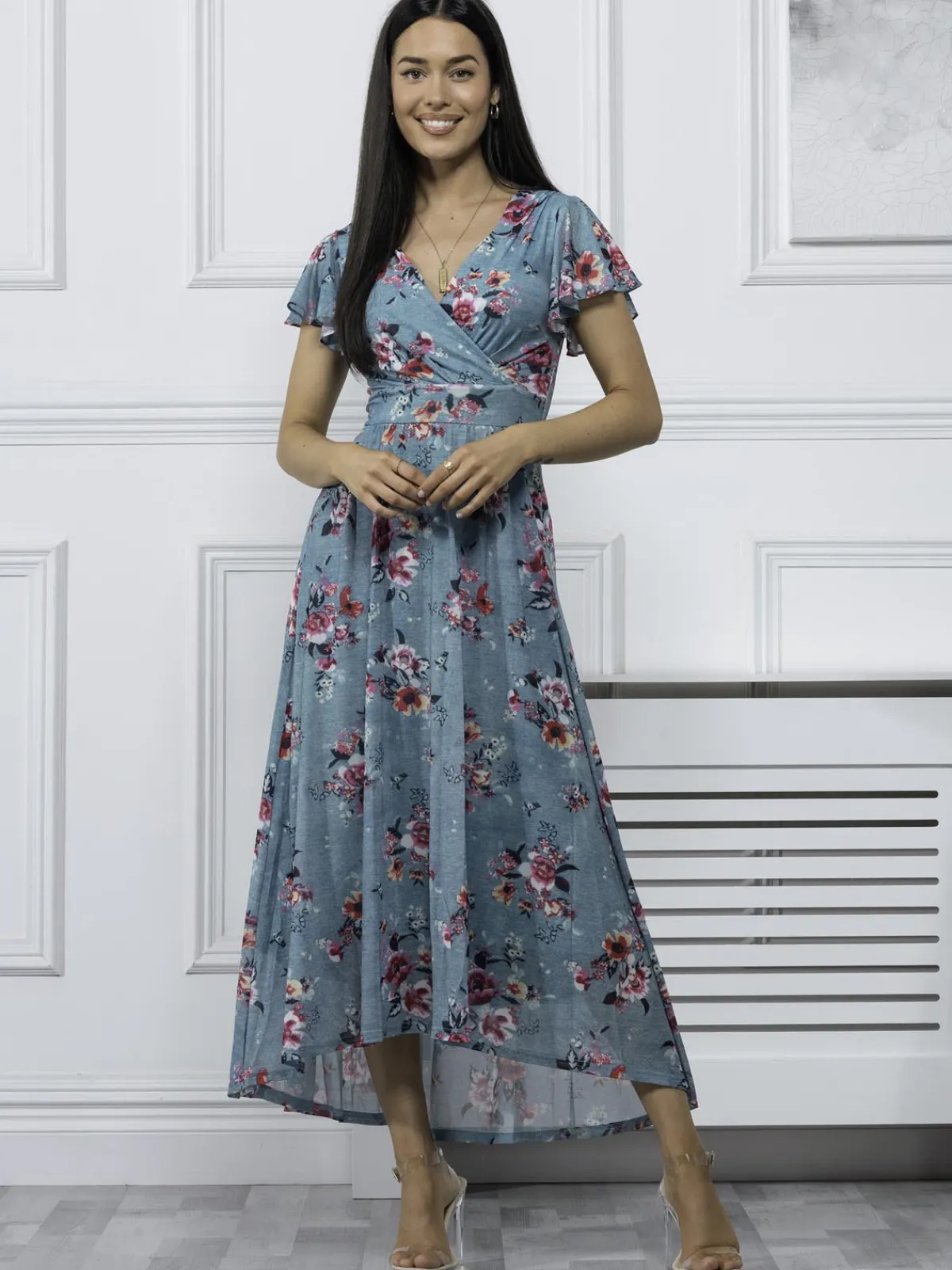 Jolie Moi Occasion Dresses|Mesh Dresses-Eliza Dip Hem Mesh Maxi Dress, Green Floral