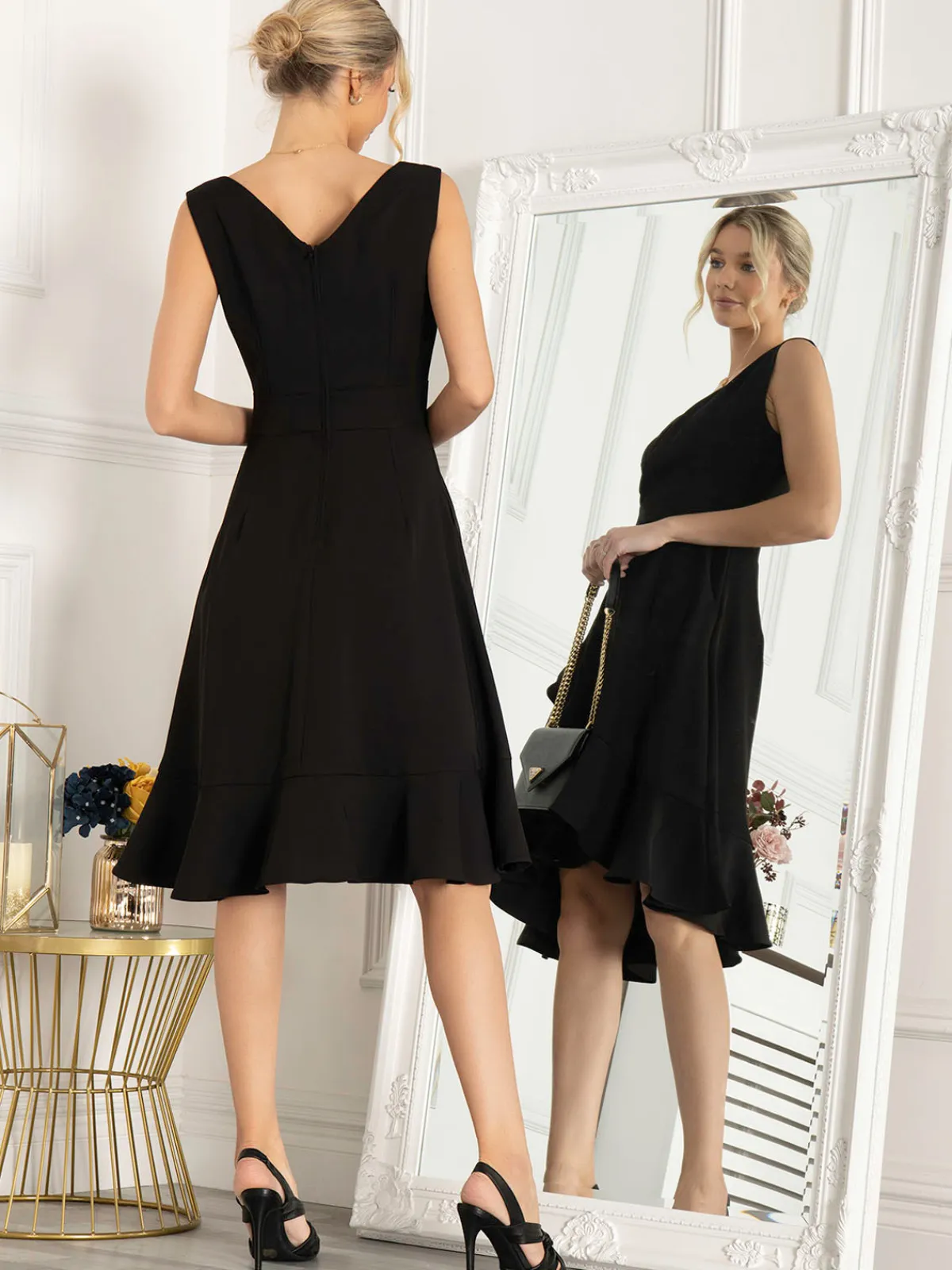 Jolie Moi Occasion Dresses|Sleeveless Dresses-Eliza Frill Hem Dress, Black