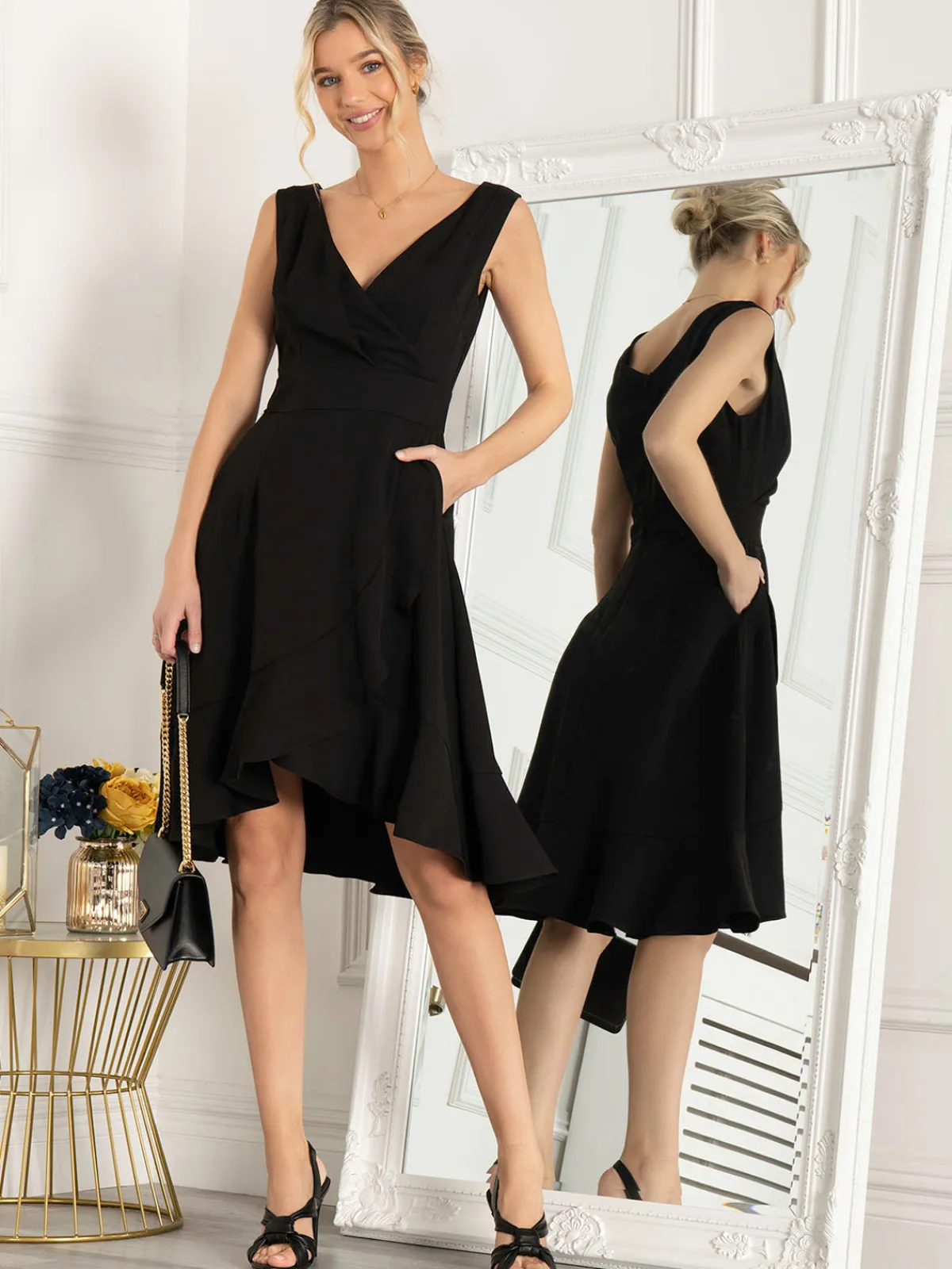 Jolie Moi Occasion Dresses|Sleeveless Dresses-Eliza Frill Hem Dress, Black