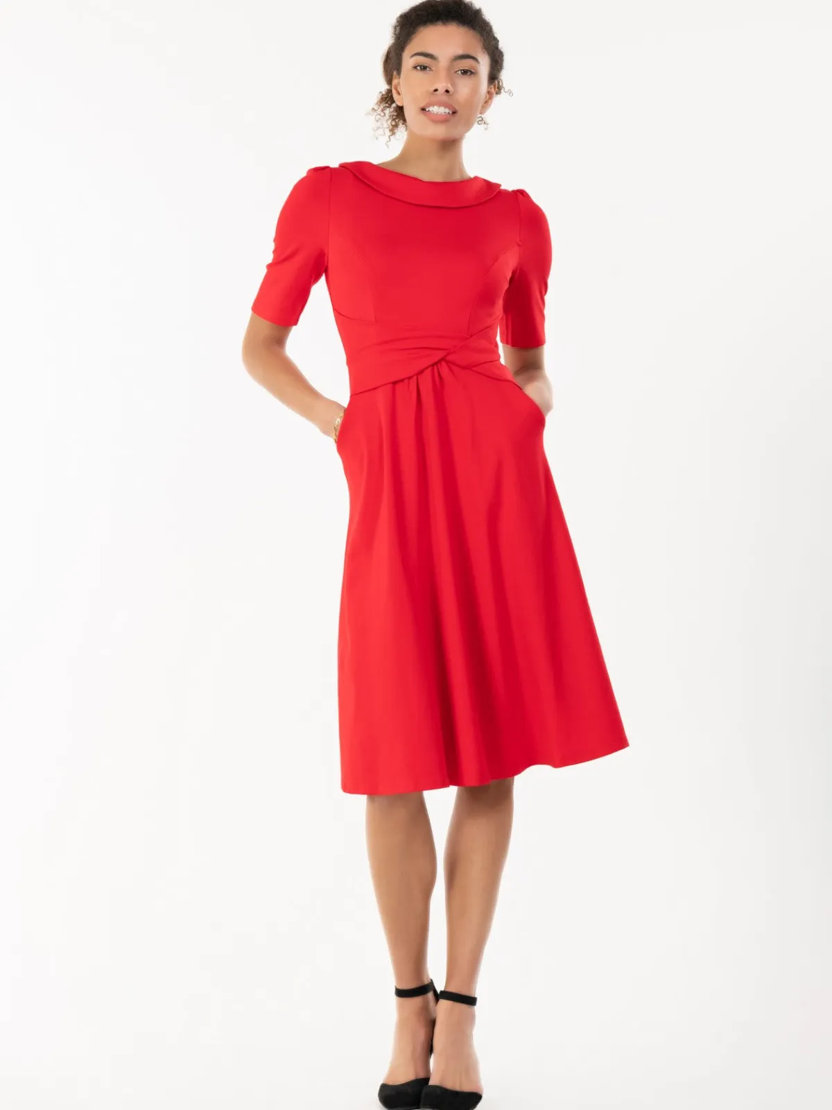 Jolie Moi Occasion Dresses|Mother Of The Bride-Fold Over Fit and Flare Midi Dress, Red