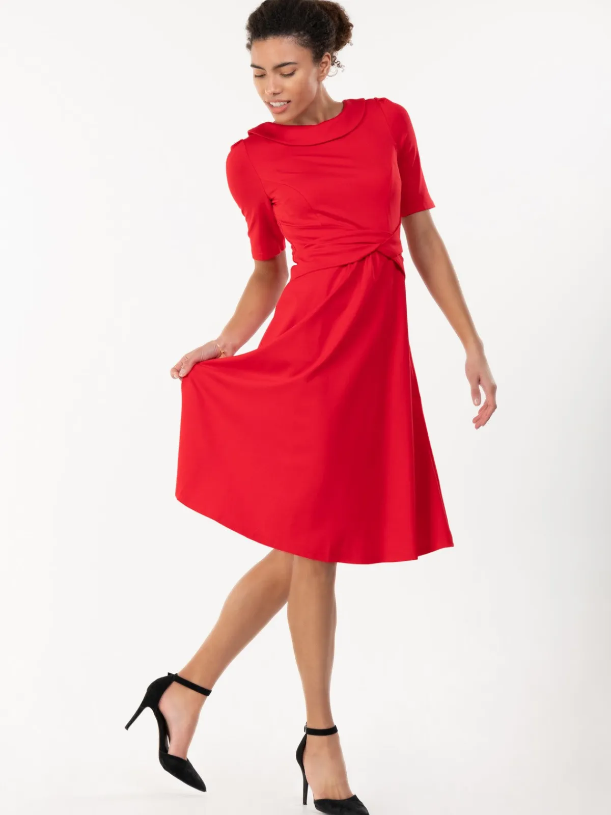 Jolie Moi Occasion Dresses|Mother Of The Bride-Fold Over Fit and Flare Midi Dress, Red
