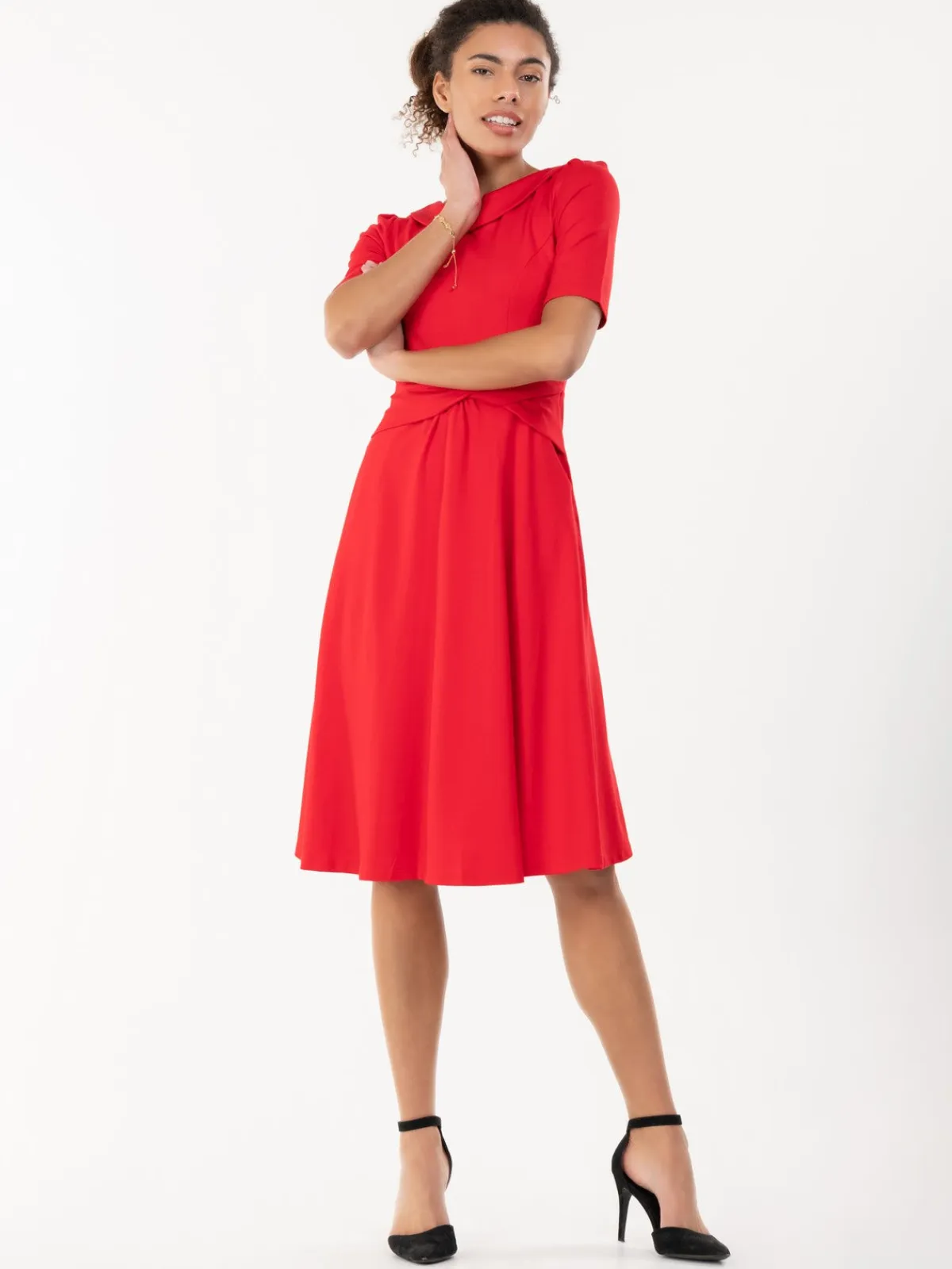 Jolie Moi Occasion Dresses|Mother Of The Bride-Fold Over Fit and Flare Midi Dress, Red