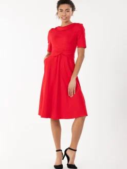Jolie Moi Occasion Dresses|Mother Of The Bride-Fold Over Fit and Flare Midi Dress, Red