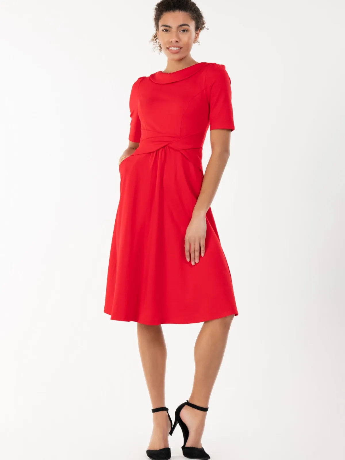Jolie Moi Occasion Dresses|Mother Of The Bride-Fold Over Fit and Flare Midi Dress, Red