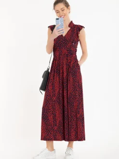 Jolie Moi Occasion Dresses|Jersey Dresses-Frill Detail Maxi Dress, Red Animal
