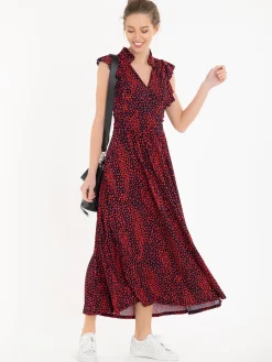Jolie Moi Occasion Dresses|Jersey Dresses-Frill Detail Maxi Dress, Red Animal