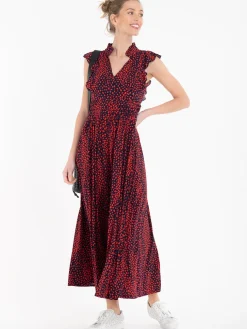 Jolie Moi Occasion Dresses|Jersey Dresses-Frill Detail Maxi Dress, Red Animal