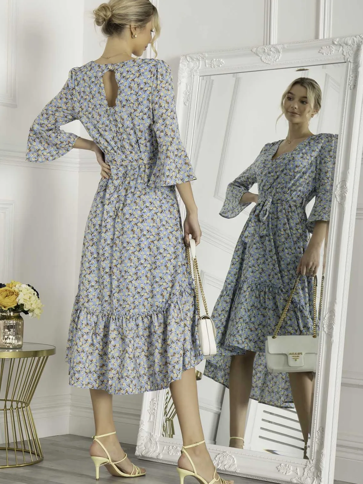 Jolie Moi Occasion Dresses|Floral Dresses-Geelan Tiered Hem Maxi Dress, Blue Floral