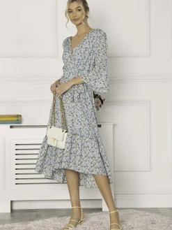 Jolie Moi Occasion Dresses|Floral Dresses-Geelan Tiered Hem Maxi Dress, Blue Floral