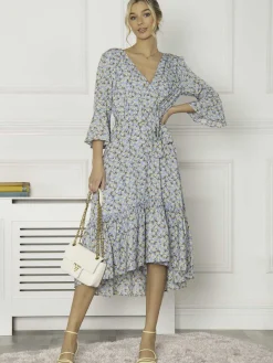 Jolie Moi Occasion Dresses|Floral Dresses-Geelan Tiered Hem Maxi Dress, Blue Floral