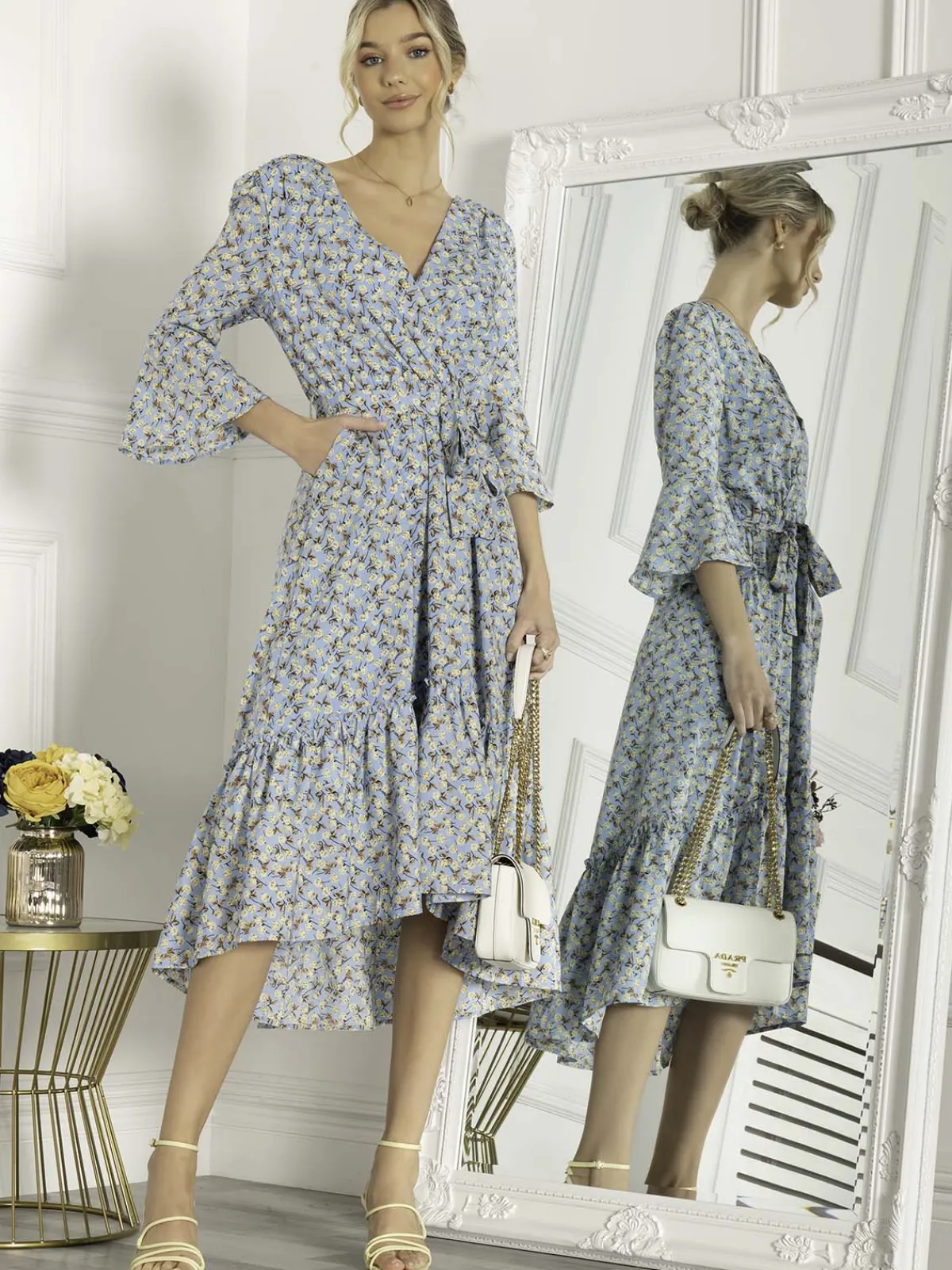 Jolie Moi Occasion Dresses|Floral Dresses-Geelan Tiered Hem Maxi Dress, Blue Floral