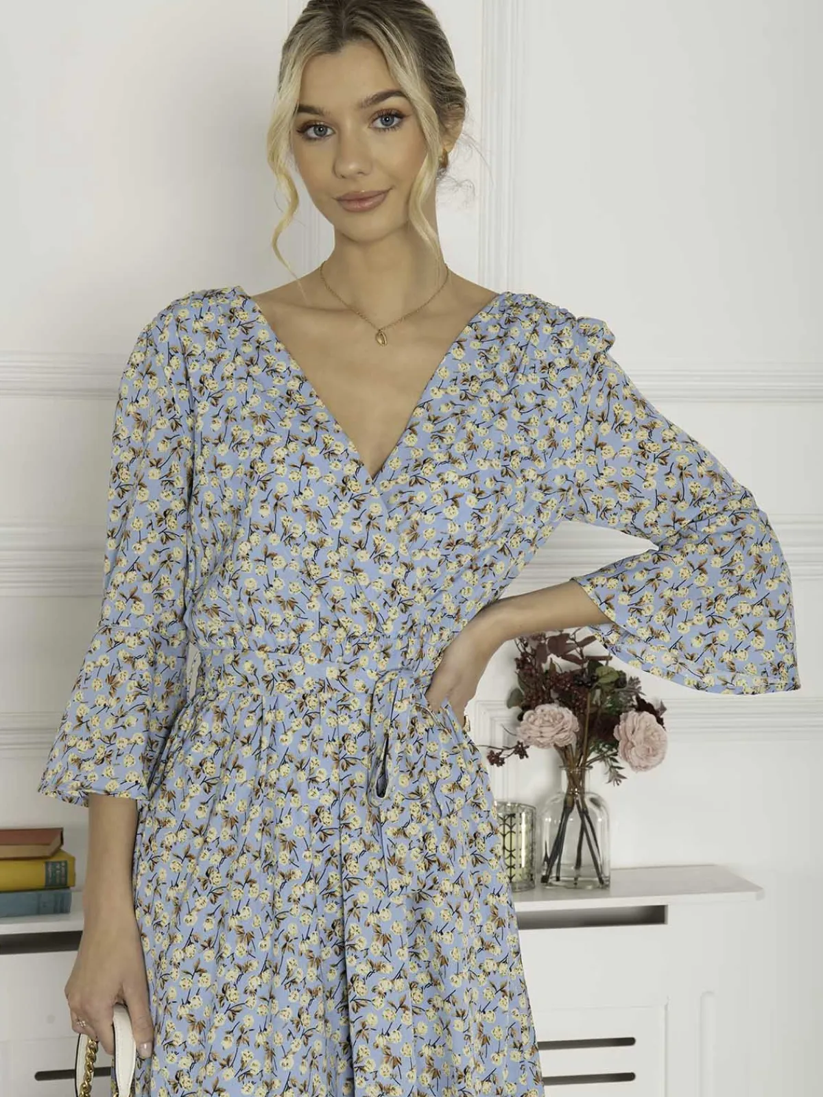 Jolie Moi Occasion Dresses|Floral Dresses-Geelan Tiered Hem Maxi Dress, Blue Floral