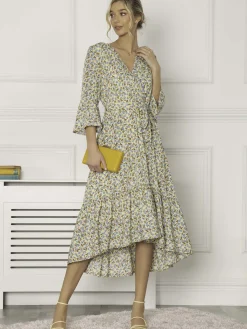 Jolie Moi Occasion Dresses|Weekend Casuals-Geelan Tiered Hem Maxi Dress, Yellow Floral