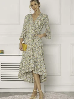 Jolie Moi Occasion Dresses|Weekend Casuals-Geelan Tiered Hem Maxi Dress, Yellow Floral
