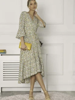 Jolie Moi Occasion Dresses|Weekend Casuals-Geelan Tiered Hem Maxi Dress, Yellow Floral