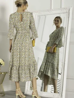 Jolie Moi Occasion Dresses|Weekend Casuals-Geelan Tiered Hem Maxi Dress, Yellow Floral