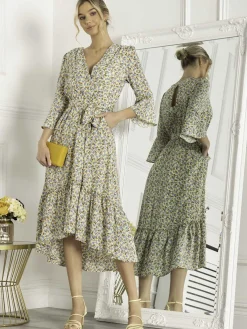 Jolie Moi Occasion Dresses|Weekend Casuals-Geelan Tiered Hem Maxi Dress, Yellow Floral