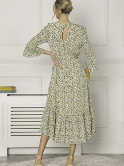 Jolie Moi Occasion Dresses|Weekend Casuals-Geelan Tiered Hem Maxi Dress, Yellow Floral