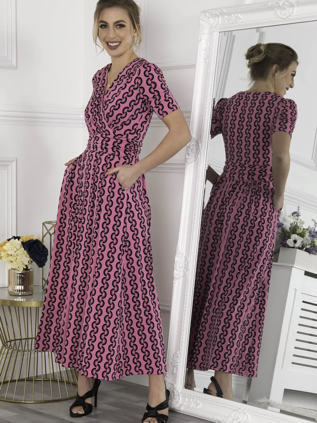 Jolie Moi Occasion Dresses|Jersey Dresses-Genesis Wrap Front Maxi Dress, Hot Pink