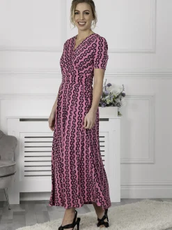 Jolie Moi Occasion Dresses|Jersey Dresses-Genesis Wrap Front Maxi Dress, Hot Pink