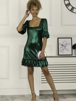 Jolie Moi Occasion Dresses-Gerika Square Neck Tunic Dress, Dark Green