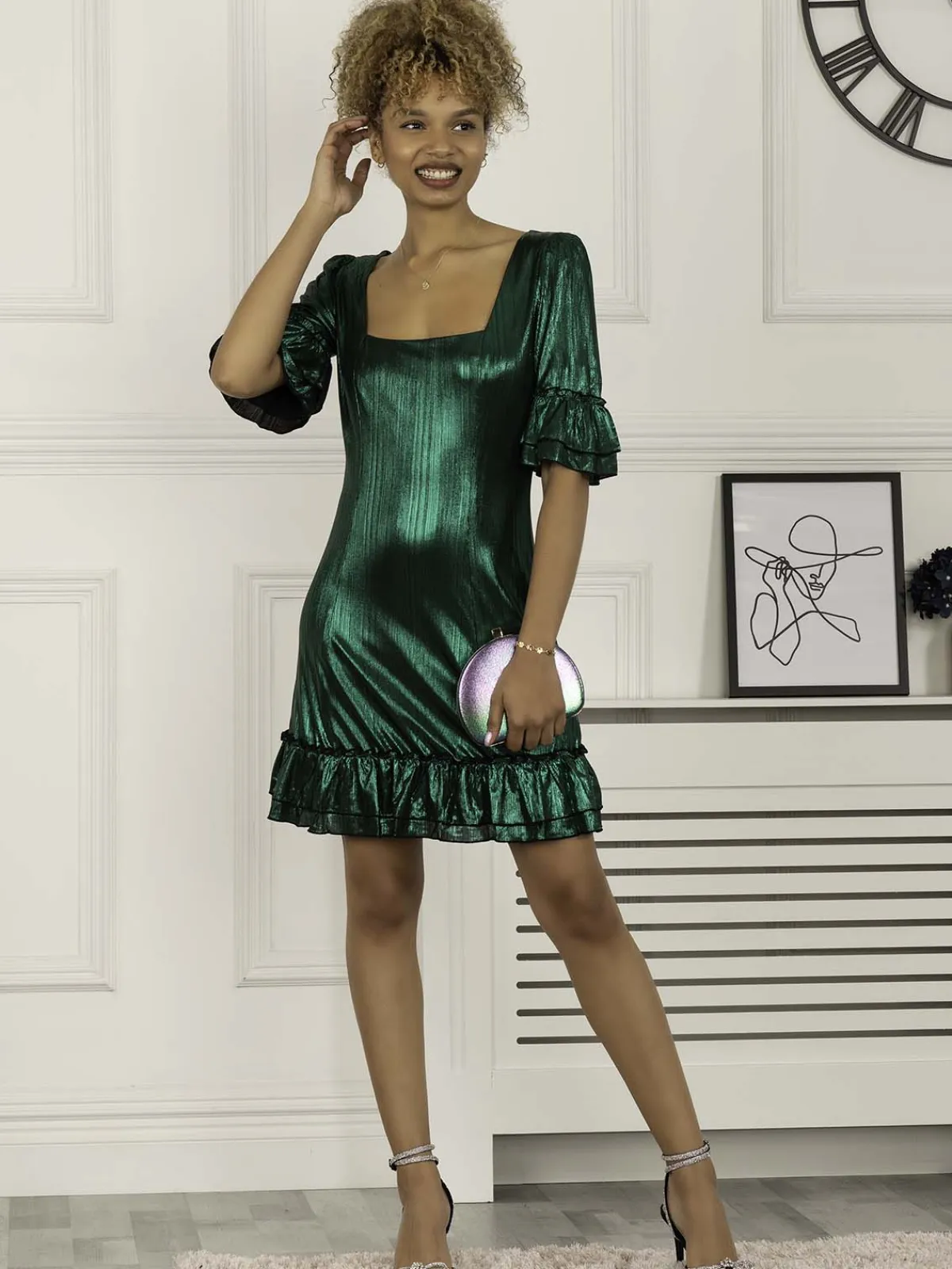 Jolie Moi Occasion Dresses-Gerika Square Neck Tunic Dress, Dark Green