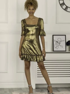 Jolie Moi Occasion Dresses-Gerika Square Neck Tunic Dress, Gold