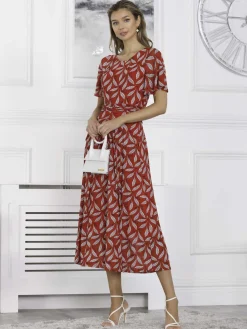 Jolie Moi Occasion Dresses|Office Dresses-Giana Mesh Maxi Dress, Red Leafy
