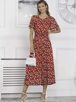 Jolie Moi Occasion Dresses|Office Dresses-Giana Mesh Maxi Dress, Red Leafy