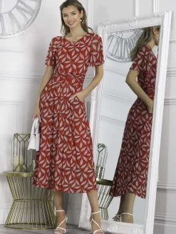 Jolie Moi Occasion Dresses|Office Dresses-Giana Mesh Maxi Dress, Red Leafy