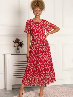 Jolie Moi Occasion Dresses|Office Dresses-Giana Mesh Maxi Dress, Red Leafy