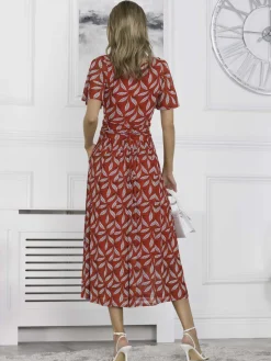 Jolie Moi Occasion Dresses|Office Dresses-Giana Mesh Maxi Dress, Red Leafy