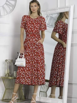 Jolie Moi Occasion Dresses|Office Dresses-Giana Mesh Maxi Dress, Red Leafy