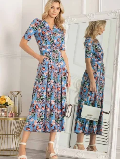Jolie Moi Occasion Dresses|Jersey Dresses-Gillian Floral Maxi Dress, Royal Blue