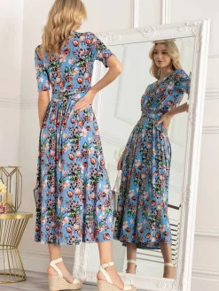 Jolie Moi Occasion Dresses|Jersey Dresses-Gillian Floral Maxi Dress, Royal Blue