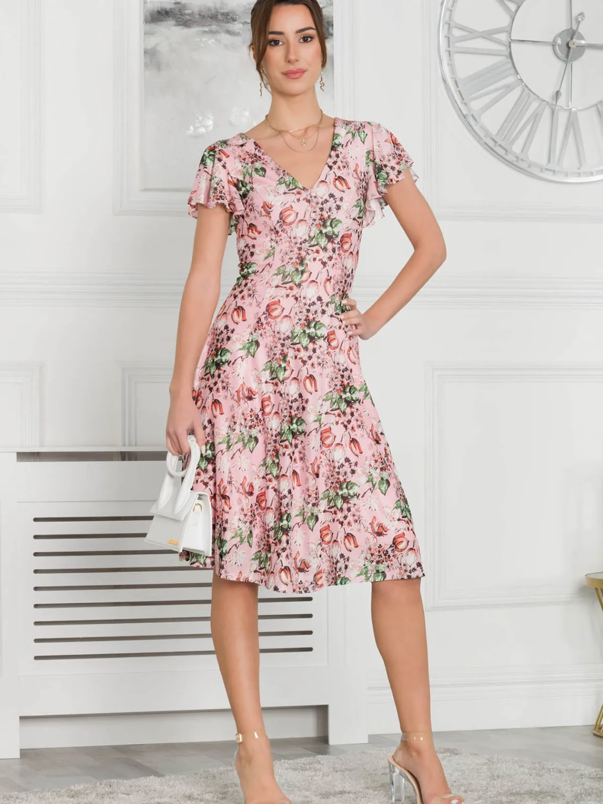 Jolie Moi Occasion Dresses|Floral Dresses-Grace Mesh Midi Dress, Pink Floral