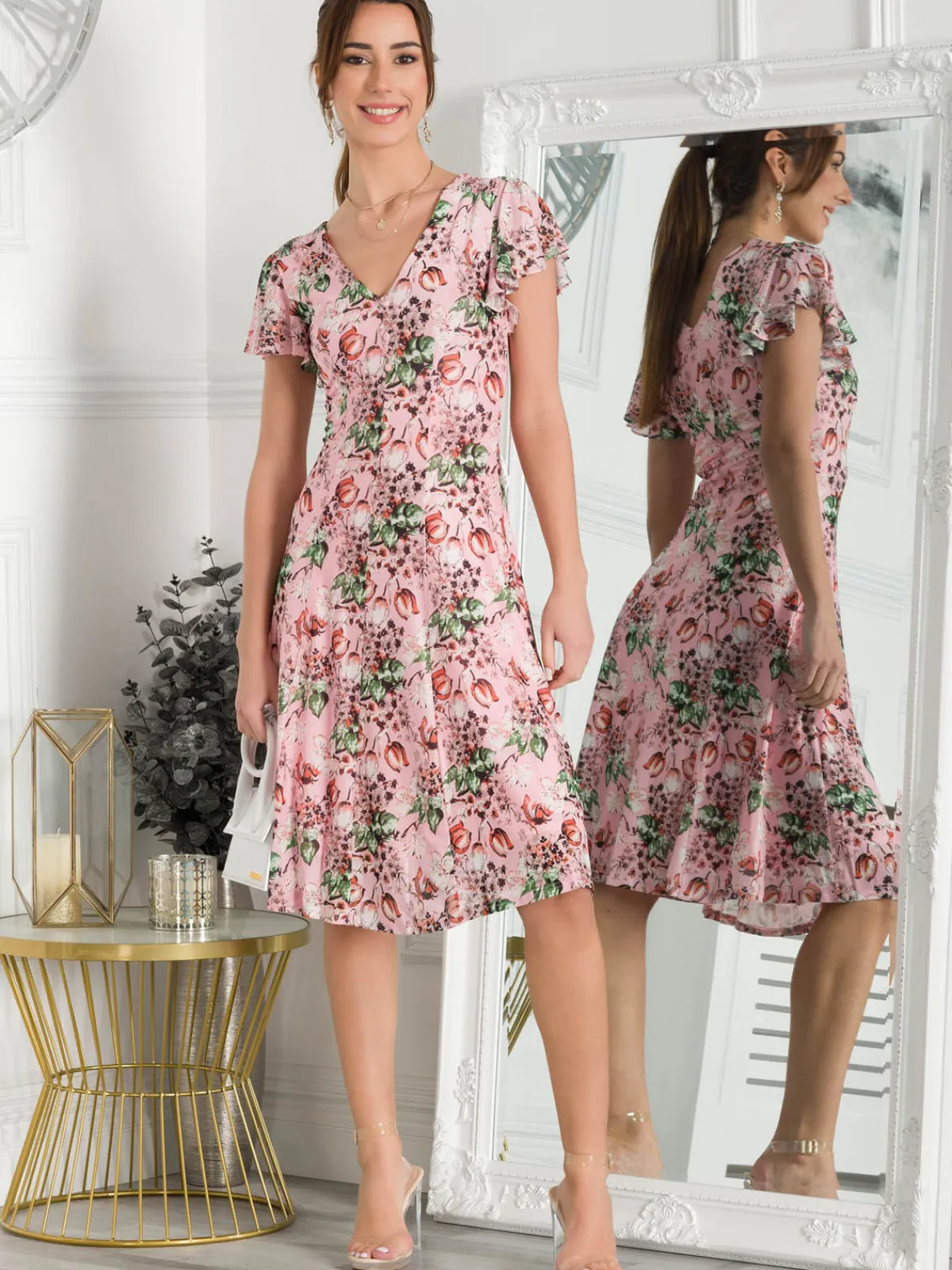 Jolie Moi Occasion Dresses|Floral Dresses-Grace Mesh Midi Dress, Pink Floral
