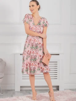 Jolie Moi Occasion Dresses|Floral Dresses-Grace Mesh Midi Dress, Pink Floral